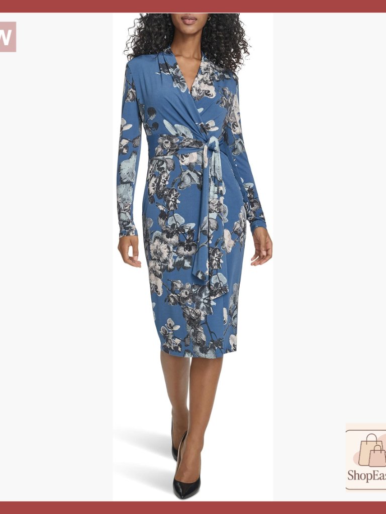 Long Sleeve Jersey Wrap Midi Dress Tie Waist Elegant Minimal Chic Casual